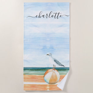 Watercolor Beach Beach Ball Sea Gull Towel