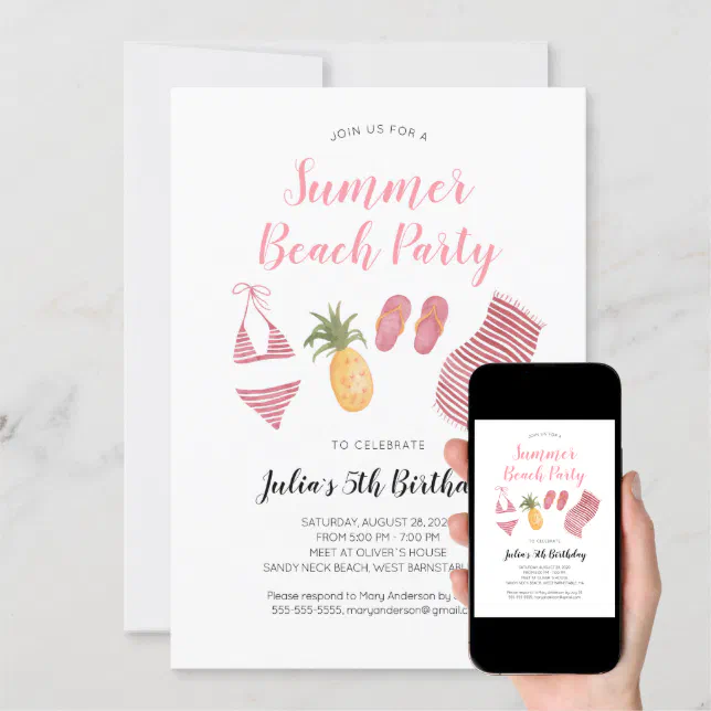 Watercolor Beach Birthday Party Invitation | Zazzle