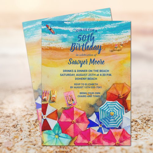 Watercolor Beach Birthday Party Invitations