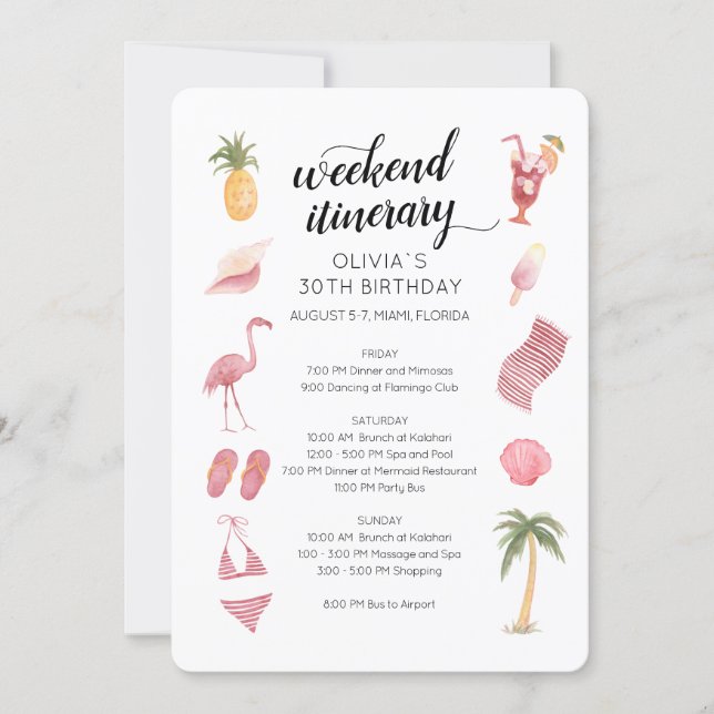 Watercolor Beach Birthday Weekend Itinerary Invitation (Front)