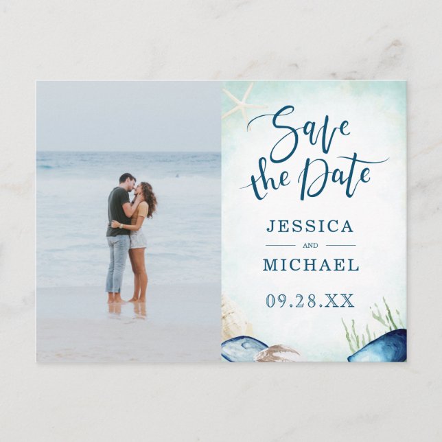 Watercolor Beach Calligraphy Photo Save The Date Invitation Postcard (Front)