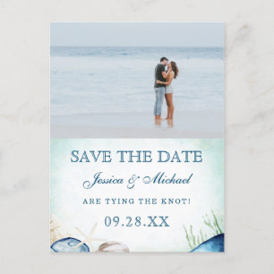 Watercolor Beach Calligraphy Photo Save The Date Invitation Postcard