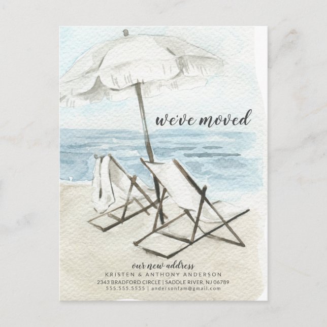 Watercolor Beach Chairs Moving Announcement Postcard (Front)