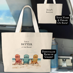 Watercolor Beach Chairs Personalized Large Tote Bag