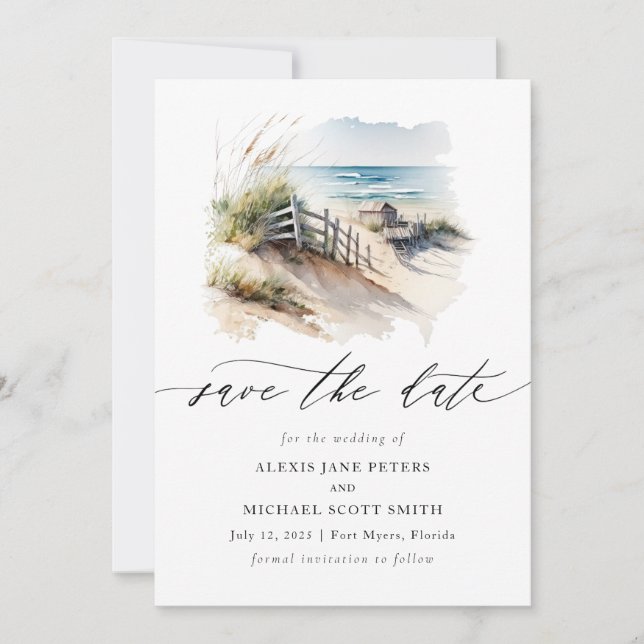 Watercolor Beach Coastal Calligraphy Save The Date (Front)