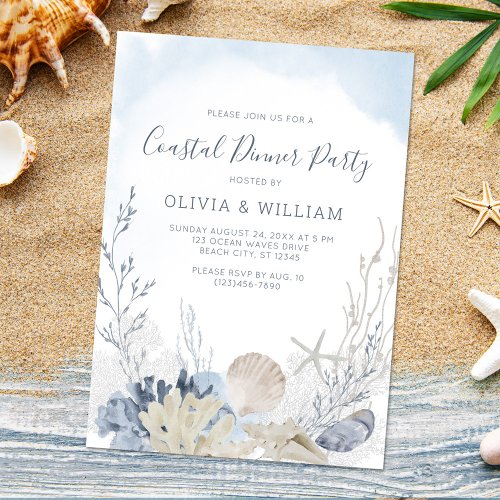 Watercolor Beach Coastal Dinner Party Invitation