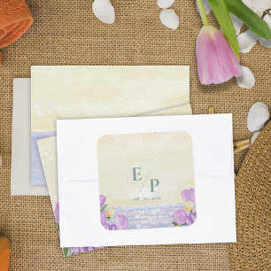 Watercolor Beach Coastal Floral Monogram Wedding Square Sticker