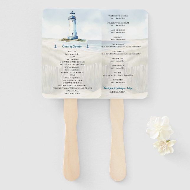 Watercolor Beach, Coastal New England Wedding Hand Fan (Front and Back)