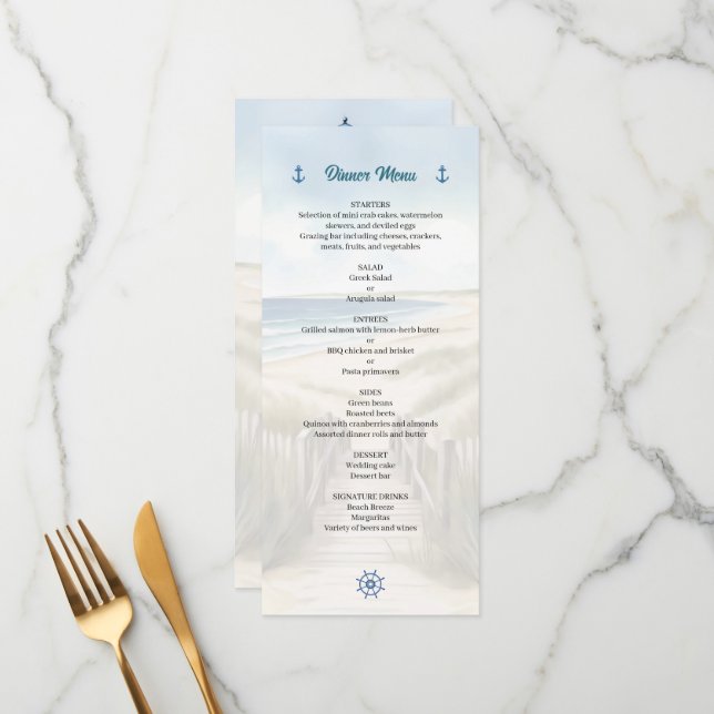 Watercolor Beach, Coastal New England Wedding Menu (Front/Back In Situ)