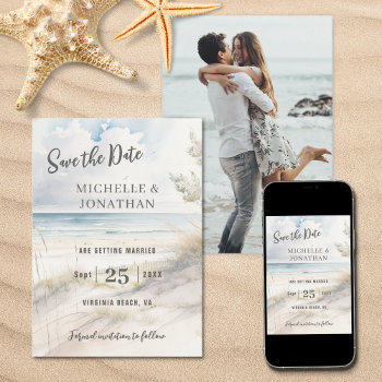 Watercolor Beach Coastal Photo Wedding Save The Date by TheBeachBum at Zazzle