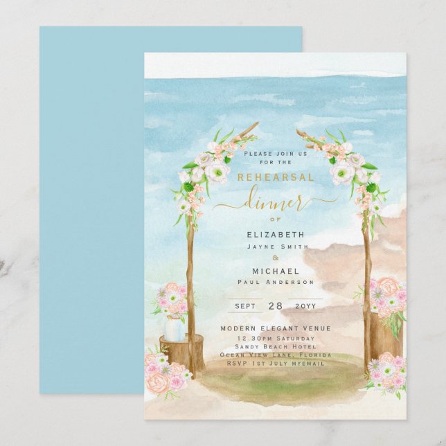 Watercolor Beach Coastal Rehearsal Dinner Invite (Front/Back)