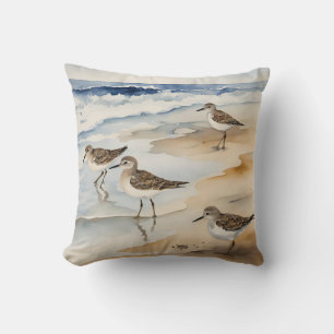 Watercolor Beach Coastal Scene Sandpipers Throw Pillow