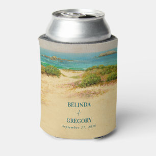 Watercolor Beach Coastal Wedding Destination Favor Can Cooler