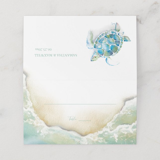 Watercolor Beach Coastal Wedding Place Card (Outside Unfolded)