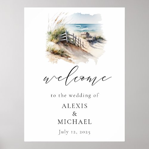 Watercolor Beach Coastal Wedding Welcome Sign