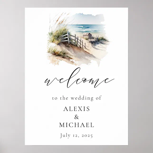 Watercolor Beach Coastal Wedding Welcome Sign | Zazzle