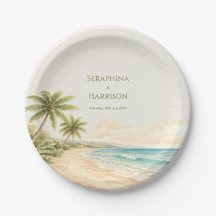 Watercolor Beach Destination Wedding Coastal Paper Plates