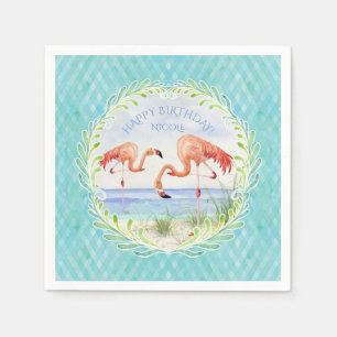 Watercolor Beach Flamingo Happy Birthday Party Paper Napkins