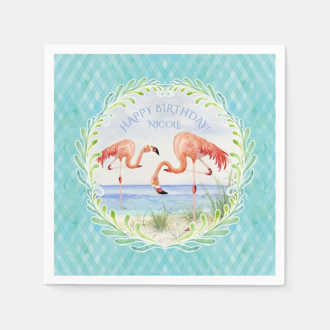 Watercolor Beach Flamingo Happy Birthday Party Paper Napkins (Front)