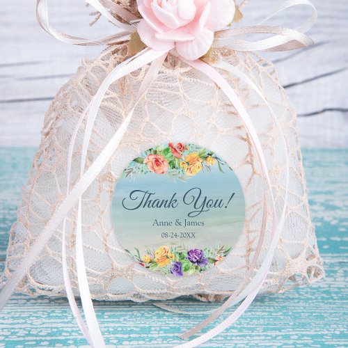 Watercolor Beach Floral Thank You Wedding Classic Round Sticker