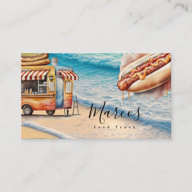 Watercolor Beach Food Truck Business Business Card (Front)