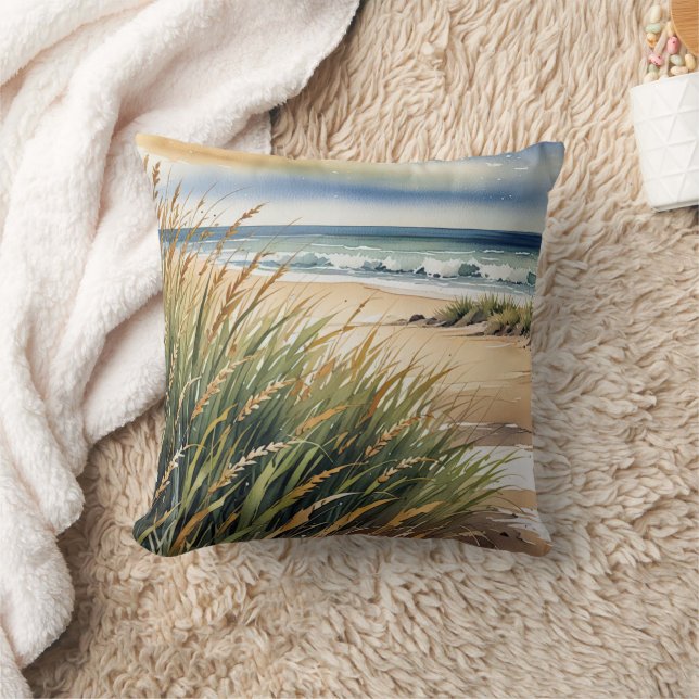Watercolor Beach Grass and Ocean Scene Throw Pillow (Blanket)