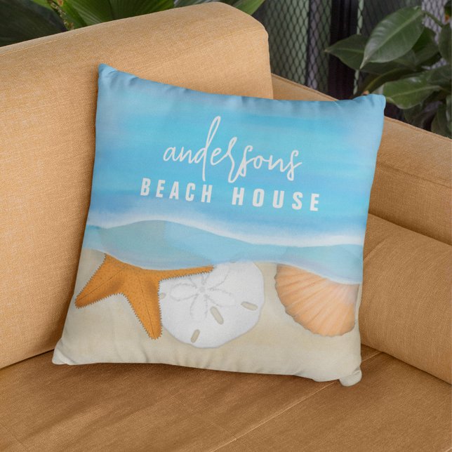 Watercolor Beach House Custom Ocean Throw Pillow (Creator Uploaded)
