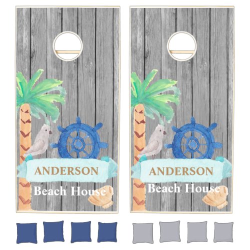 Watercolor Beach House Personalized Cornhole Set