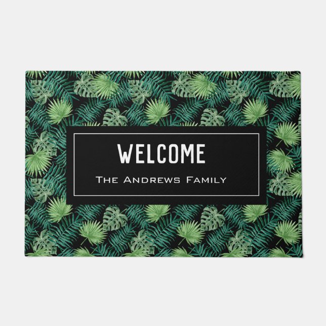 Watercolor Beach House Tropical Palm Leaves Doormat (Front)