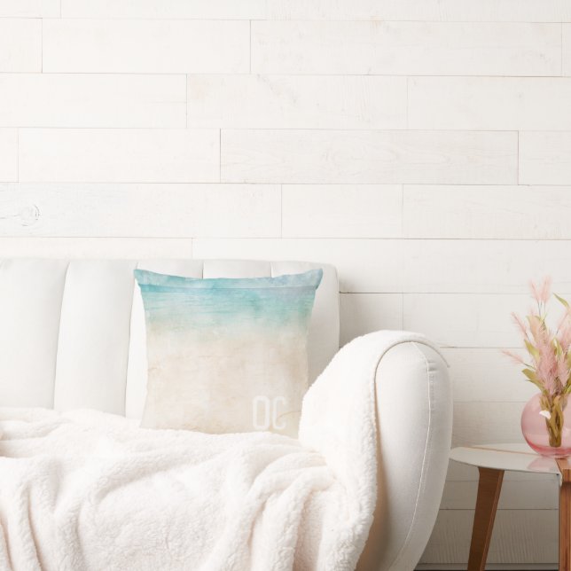 Watercolor Beach INITIALS Ocean Water Sand Travel  Throw Pillow (Couch)