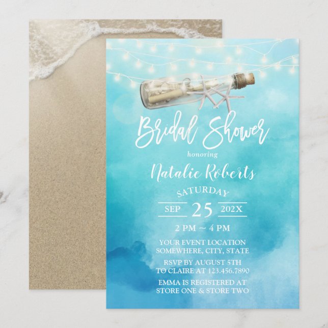 Watercolor Beach Love Message Bottle Bridal Shower Invitation (Front/Back)