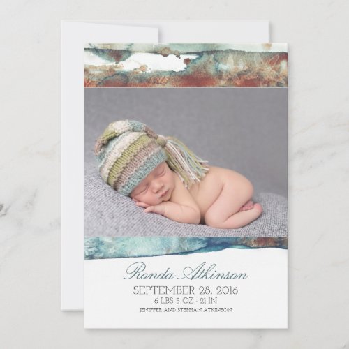Watercolor Beach Newborn Baby Photo Birth Announcement - Seaside watercolors newborn baby birth photo announcement. Look closer and discover - the design is hiding many underwater treasures: starfish couple, sand dollar, tropical fish, seashells and ocean corals