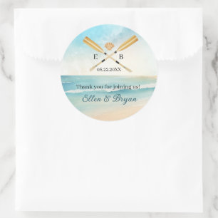 Watercolor Beach Oars Wedding Classic Round Sticker