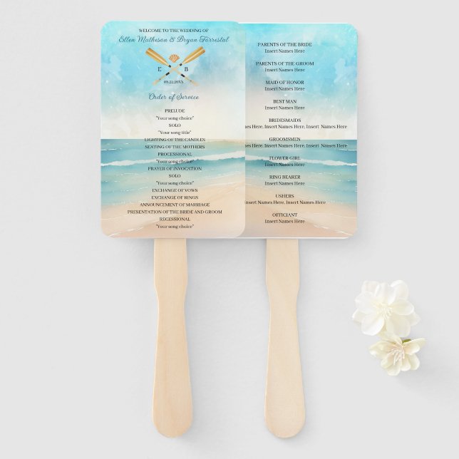 Watercolor Beach Oars Wedding Hand Fan (Front and Back)