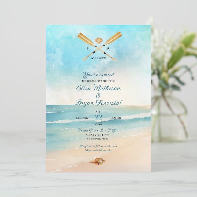 Watercolor Beach Oars Wedding Invitation (Standing Front)