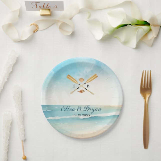 Watercolor Beach Oars Wedding Paper Plates (Wedding)