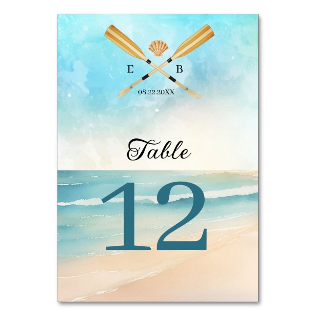 Watercolor Beach Oars Wedding Table Number (Front)
