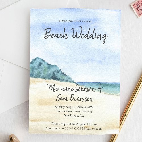 Watercolor Beach Ocean Casual Beach Wedding Invitation