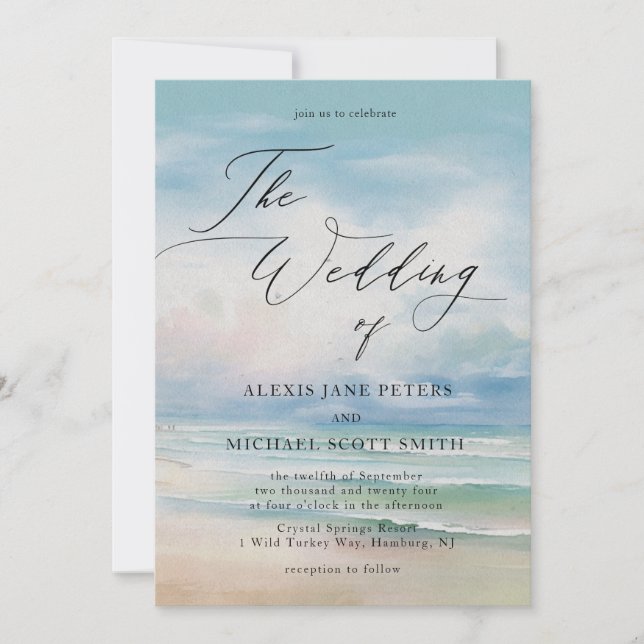 Watercolor Beach Ocean Coastal Wedding Invitation (Front)