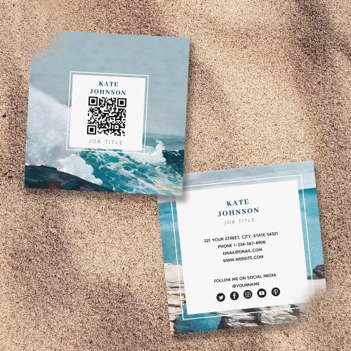  Watercolor Beach Ocean QR Code Social Media  Square Business Card