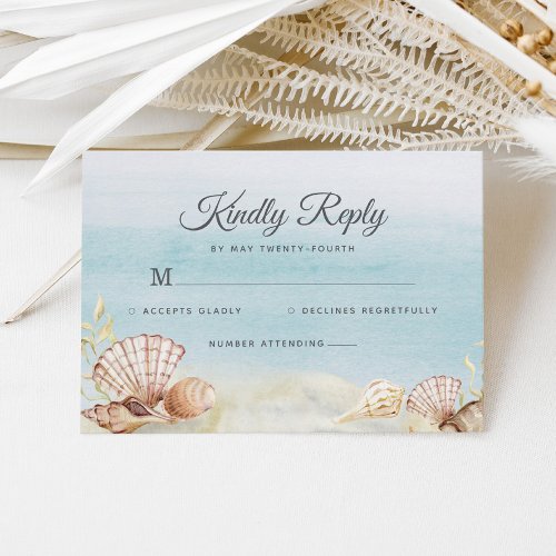 Watercolor Beach Ocean Shells Wedding RSVP Card