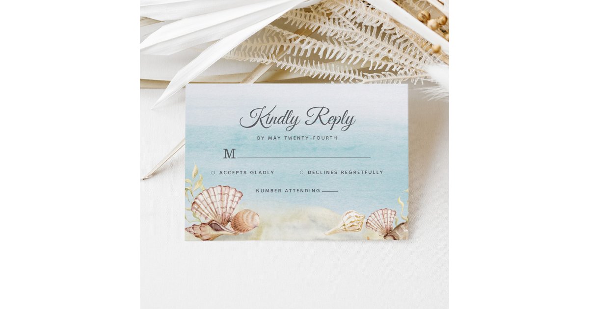 Watercolor Beach Ocean Shells Wedding RSVP Card | Zazzle