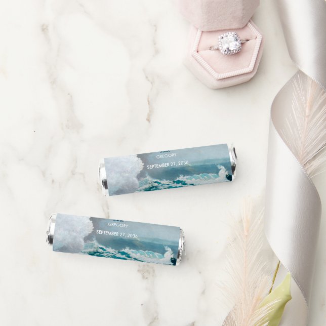 Watercolor Beach Ocean Waves Monogram Wedding Breath Savers® Mints (Wedding)