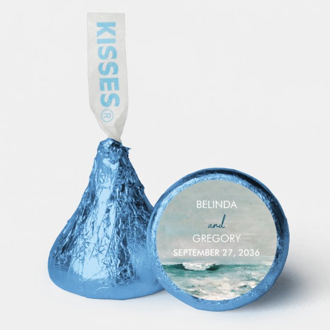 Watercolor Beach Ocean Waves Monogram Wedding Hershey®'s Kisses® (Front)