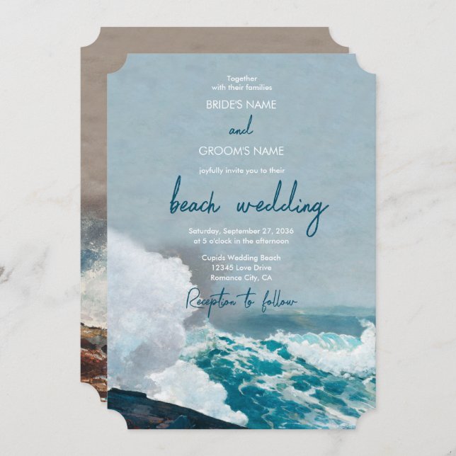 Watercolor Beach Ocean Waves Monogram Wedding Invitation (Front/Back)