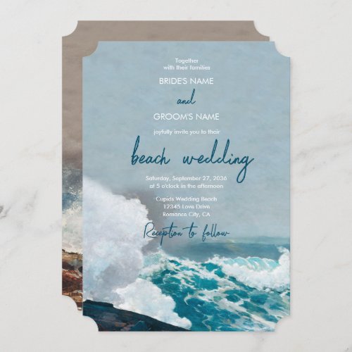 Watercolor Beach Ocean Waves Monogram Wedding Invitation