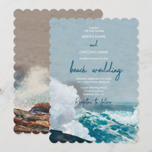 Watercolor Beach Ocean Waves Monogram Wedding  Invitation