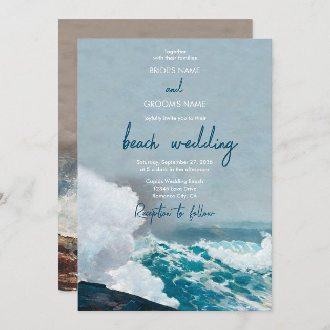 Watercolor Beach Ocean Waves Monogram Wedding Invitation (Front/Back)