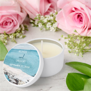 Watercolor Beach Ocean Waves Monogram Wedding Mini Candle Favors
