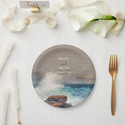 Watercolor Beach Ocean Waves Monogram Wedding  Paper Plates